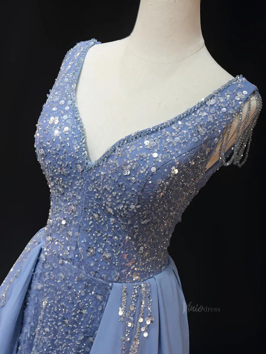 Dusty Blue Beaded Lace Prom Dresses with Overskirt, V-Neck, Formal Gown SU056-prom dresses 2025 -Viniodress-Blue-Custom Size-