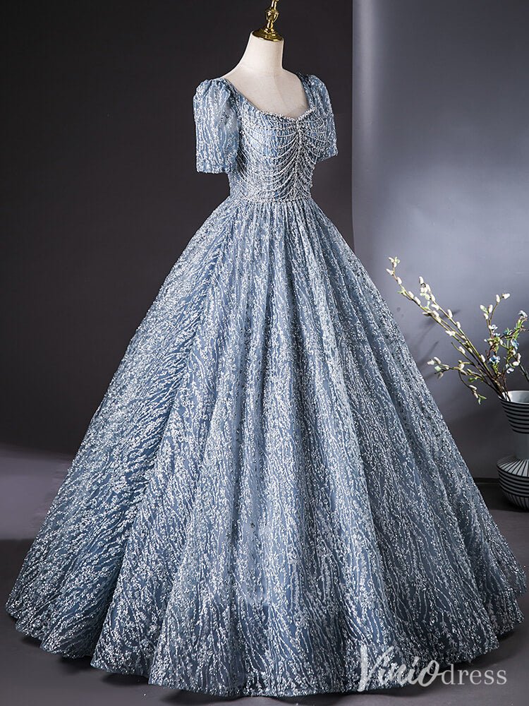 Dusty Blue Beaded Lace Quinceanera Dresses Puffed Sleeve Ball Gown AD1383-prom dresses 2025 -Viniodress-Dusty Blue-Custom Size-
