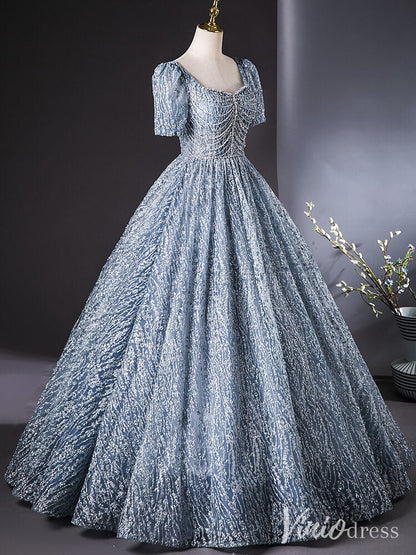 Dusty Blue Beaded Lace Quinceanera Dresses Puffed Sleeve Ball Gown AD1383-prom dresses 2025 -Viniodress-Dusty Blue-Custom Size-