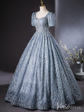 Dusty Blue Beaded Lace Quinceanera Dresses Puffed Sleeve Ball Gown AD1383-prom dresses-Viniodress-Viniodress