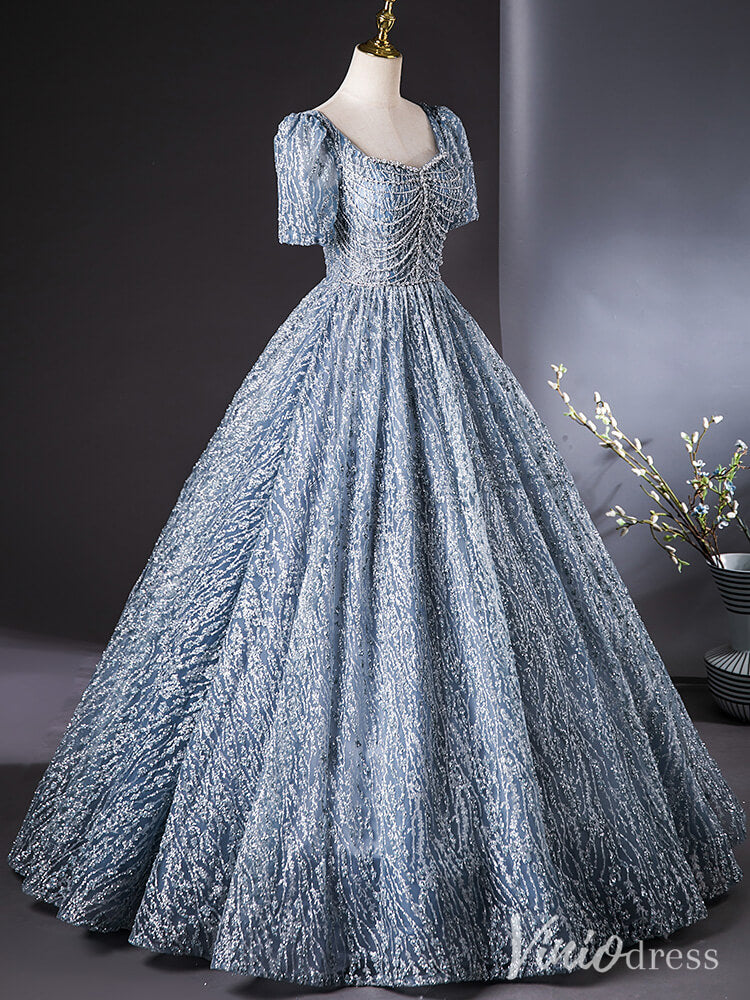 Dusty Blue Beaded Lace Quinceanera Dresses Puffed Sleeve Ball Gown AD1383-prom dresses-Viniodress-Viniodress