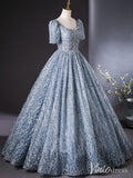 Dusty Blue Beaded Lace Quinceanera Dresses Puffed Sleeve Ball Gown AD1383-prom dresses-Viniodress-Viniodress