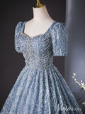 Dusty Blue Beaded Lace Quinceanera Dresses Puffed Sleeve Ball Gown AD1383-prom dresses-Viniodress-Viniodress