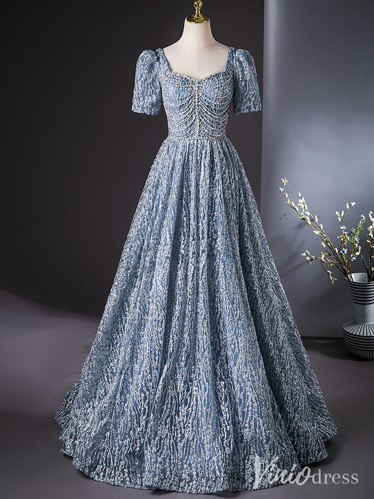 Dusty Blue Beaded Lace Quinceanera Dresses Puffed Sleeve Ball Gown AD1383-prom dresses-Viniodress-Viniodress