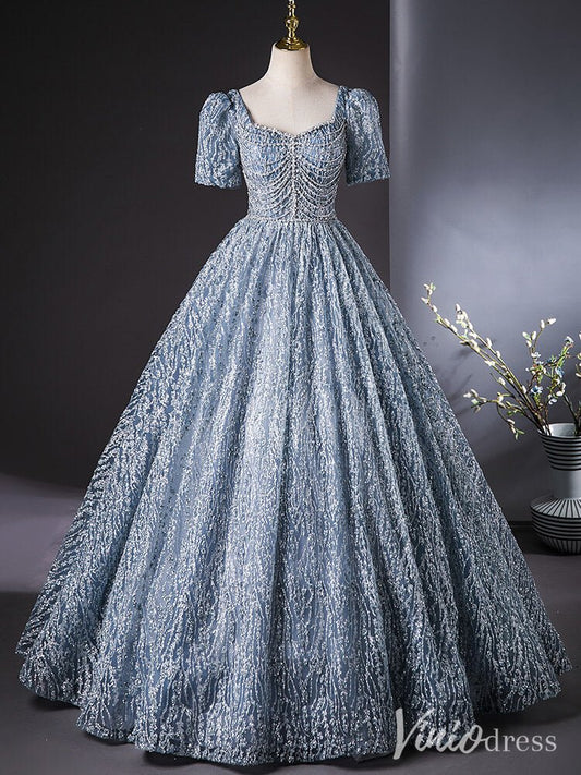 Dusty Blue Beaded Lace Quinceanera Dresses Puffed Sleeve Ball Gown AD1383 - Viniodressprom dressesDusty BlueCustom Size - Formal Dresses - Ball Gowns