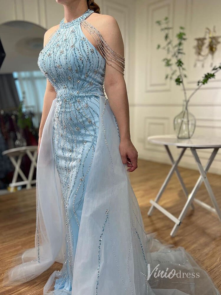 Dusty Blue Beaded Mermaid Evening Dresses with Overskirt Halter Neck P Viniodress Dusty Blue Beaded Mermaid Evening Dresses with Overskirt Halter Neck P Viniodress