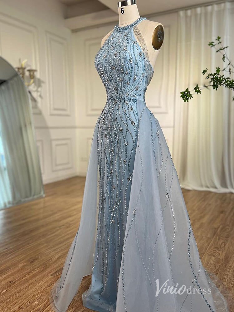 Dusty Blue Beaded Mermaid Evening Dresses with Overskirt Halter Neck Pageant Dress AD1144-Evening Dresses 2025 -Viniodress-Dusty Blue-US 2-