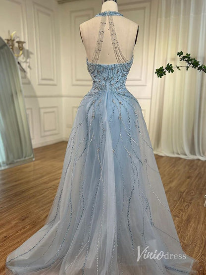 Dusty Blue Beaded Mermaid Evening Dresses with Overskirt Halter Neck Pageant Dress AD1144-Evening Dresses 2025 -Viniodress-Dusty Blue-US 2-