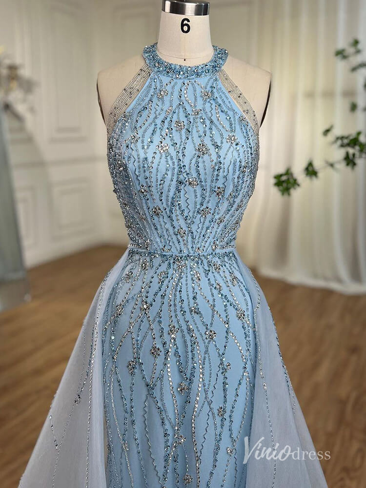 Dusty Blue Beaded Mermaid Evening Dresses with Overskirt Halter Neck P Viniodress Dusty Blue Beaded Mermaid Evening Dresses with Overskirt Halter Neck P Viniodress