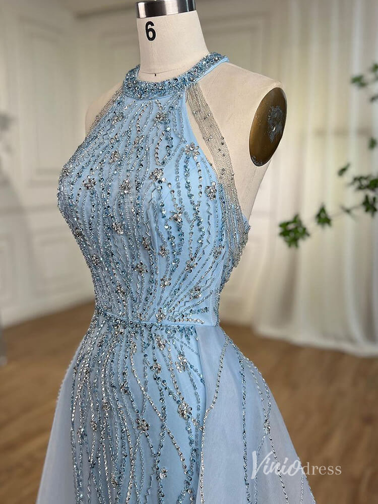 Dusty Blue Beaded Mermaid Evening Dresses with Overskirt Halter Neck Pageant Dress AD1144-Evening Dresses 2025 -Viniodress-Dusty Blue-US 2-