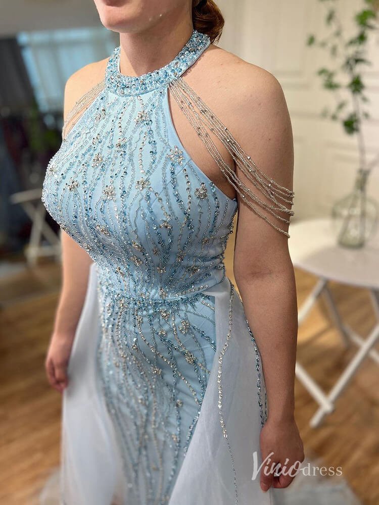 Dusty Blue Beaded Mermaid Evening Dresses with Overskirt Halter Neck Pageant Dress AD1144-Evening Dresses 2025 -Viniodress-Dusty Blue-US 2-