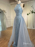 Dusty Blue Beaded Mermaid Evening Dresses with Overskirt Halter Neck Pageant Dress AD1144-prom dresses-Viniodress-Viniodress