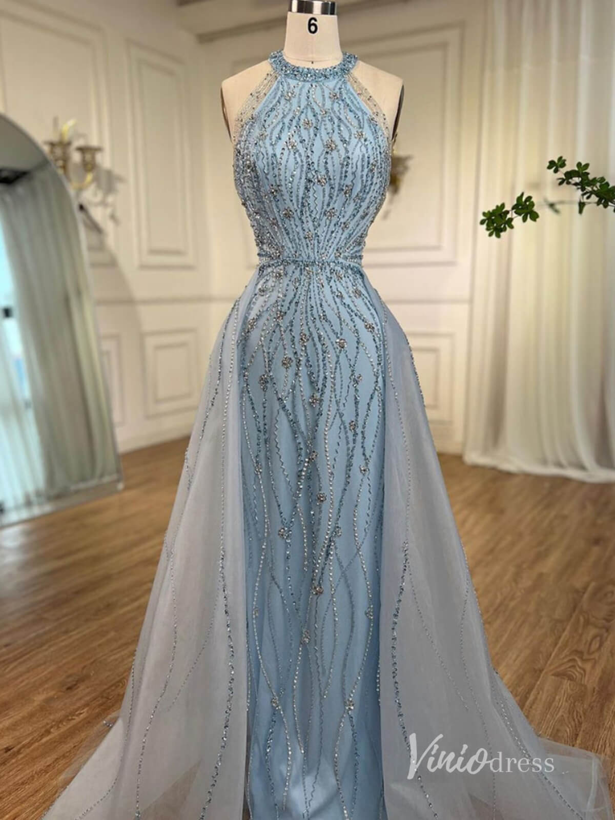 Dusty Blue Beaded Mermaid Evening Dresses with Overskirt Halter Neck Pageant Dress AD1144-prom dresses-Viniodress-Dusty Blue-US 2-Viniodress