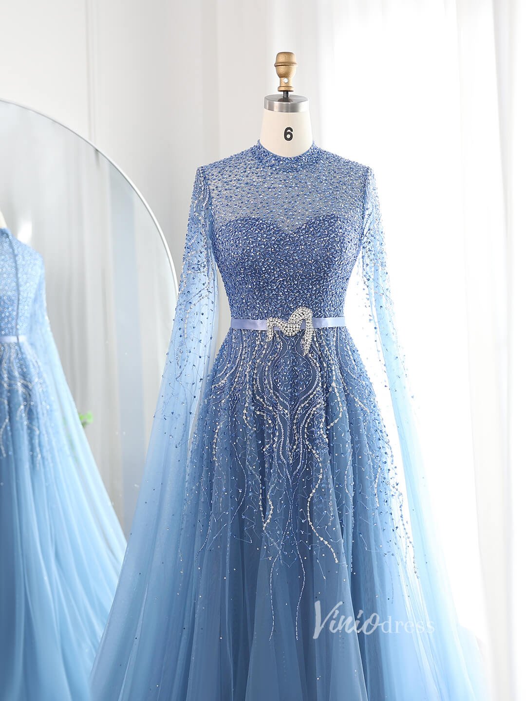 Dusty Blue Beaded Prom Dresses Extra Long Sleeve Formal Dress AD1173-Evening Dresses 2025 -Viniodress-Blue-US 2-