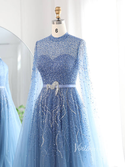 Dusty Blue Beaded Prom Dresses Extra Long Sleeve Formal Dress AD1173-Evening Dresses 2025 -Viniodress-Blue-US 2-