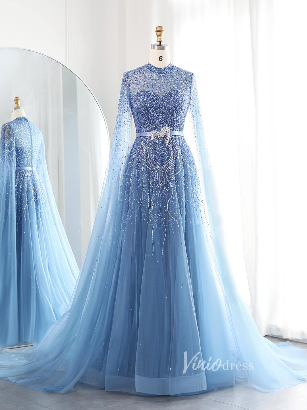 Dusty Blue Beaded Prom Dresses Extra Long Sleeve Formal Dress AD1173-Evening Dresses 2025 -Viniodress-Blue-US 2-