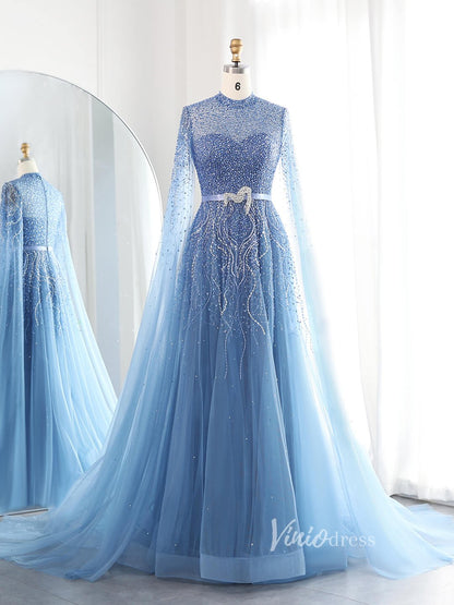 Dusty Blue Beaded Prom Dresses Extra Long Sleeve Formal Dress AD1173-Evening Dresses 2025 -Viniodress-Blue-US 2-