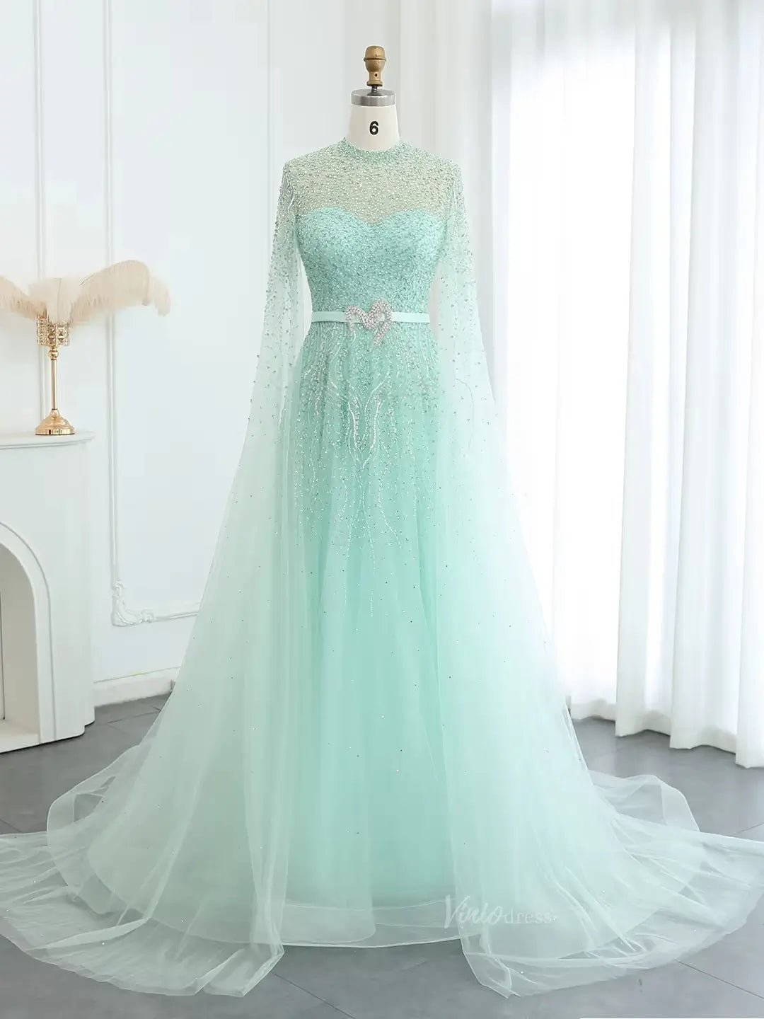 Dusty Blue Beaded Prom Dresses Extra Long Sleeve Formal Dress AD1173-Evening Dresses 2025 -Viniodress-Light Green-US 2-