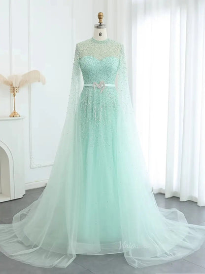 Dusty Blue Beaded Prom Dresses Extra Long Sleeve Formal Dress AD1173-Evening Dresses 2025 -Viniodress-Light Green-US 2-