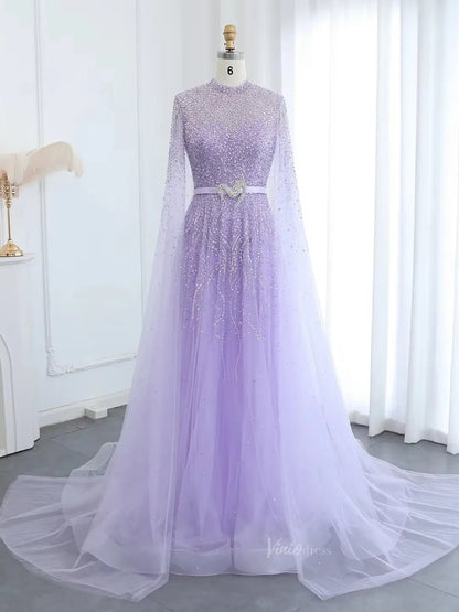 Dusty Blue Beaded Prom Dresses Extra Long Sleeve Formal Dress AD1173-Evening Dresses 2025 -Viniodress-Lilac-US 2-