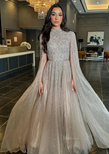 Dusty Blue Beaded Prom Dresses Extra Long Sleeve Formal Dress AD1173-Evening Dresses 2025 -Viniodress-Nude-US 2-