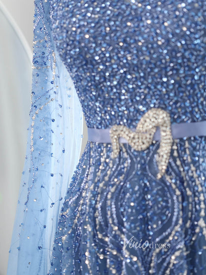 Dusty Blue Beaded Prom Dresses Extra Long Sleeve Formal Dress AD1173-Evening Dresses 2025 -Viniodress-Blue-US 2-