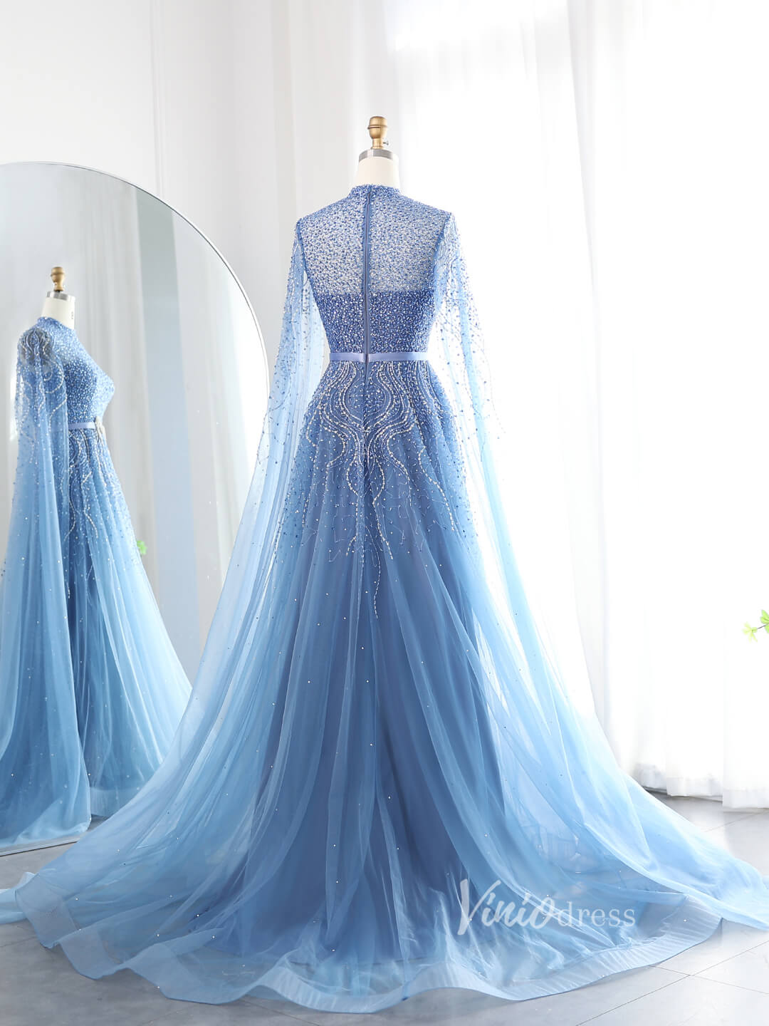 Dusty Blue Beaded Prom Dresses Extra Long Sleeve Formal Dress AD1173 - ViniodressEvening DressesBlueUS 2 - Formal Dresses - Ball Gowns