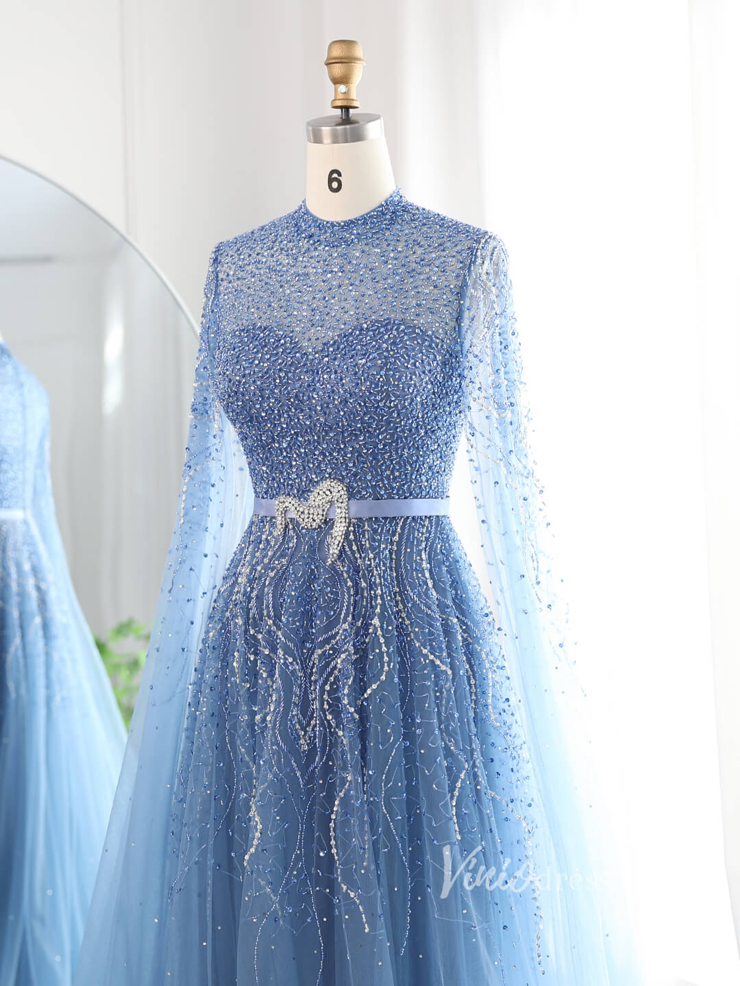 Dusty Blue Beaded Prom Dresses Extra Long Sleeve Formal Dress AD1173 - ViniodressEvening DressesBlueUS 2 - Formal Dresses - Ball Gowns