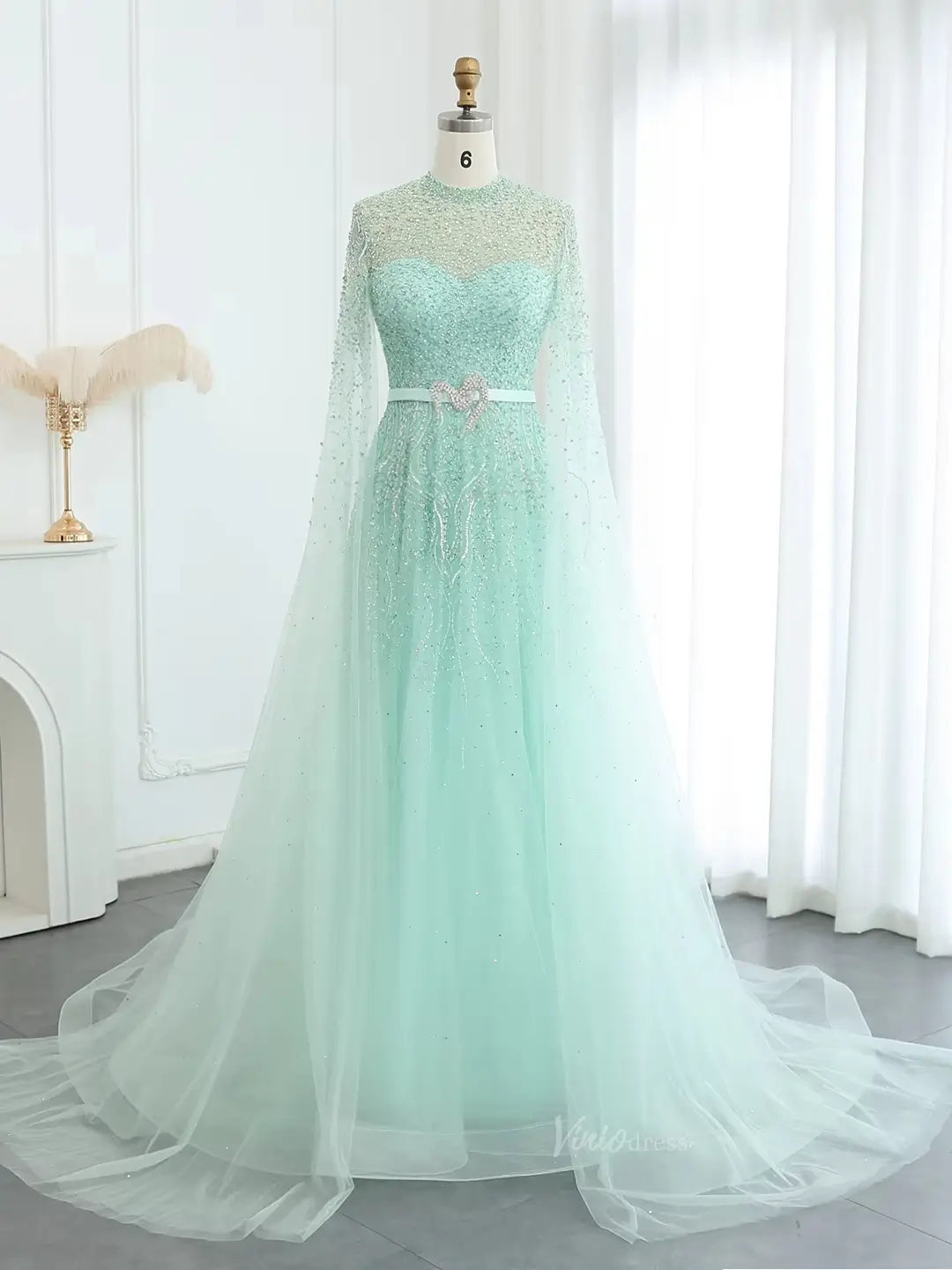 prom dresses 2025 Dusty Blue Beaded Prom Dresses Extra Long Sleeve Formal Dress AD1173-plus size wedding dresses Viniodress-Light Green-US 2-