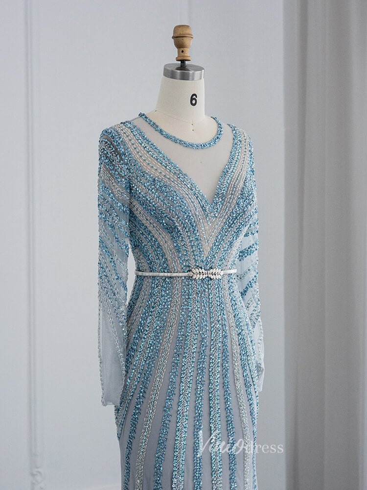 Dusty Blue Beaded Prom Dresses Long Sleeve Mermaid Evening Dress 20097-Evening Dresses 2025 -Viniodress-Dusty Blue-US 2-