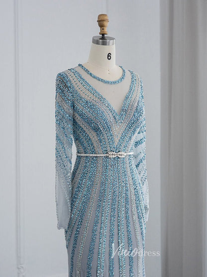 Dusty Blue Beaded Prom Dresses Long Sleeve Mermaid Evening Dress 20097-Evening Dresses 2025 -Viniodress-Dusty Blue-US 2-