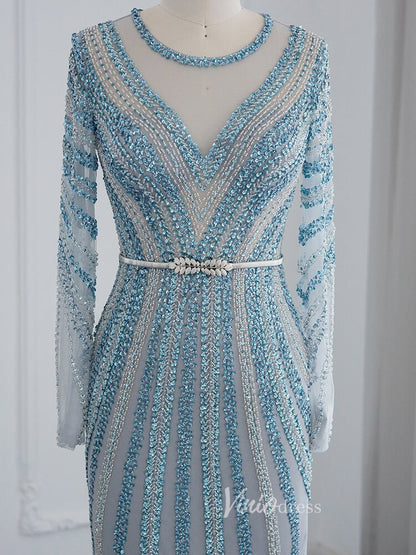 Dusty Blue Beaded Prom Dresses Long Sleeve Mermaid Evening Dress 20097-Evening Dresses 2025 -Viniodress-Dusty Blue-US 2-