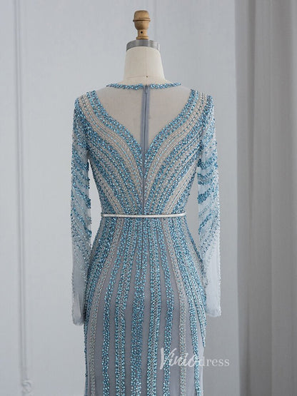 Dusty Blue Beaded Prom Dresses Long Sleeve Mermaid Evening Dress 20097-Evening Dresses 2025 -Viniodress-Dusty Blue-US 2-