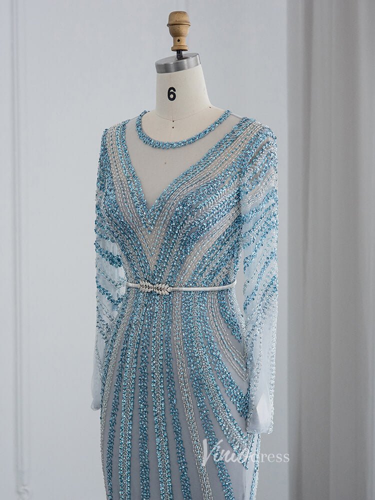 Dusty Blue Beaded Prom Dresses Long Sleeve Mermaid Evening Dress 20097-Evening Dresses 2025 -Viniodress-Dusty Blue-US 2-