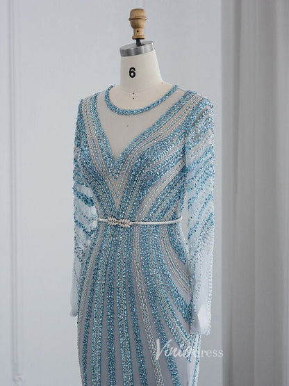 Dusty Blue Beaded Prom Dresses Long Sleeve Mermaid Evening Dress 20097-Evening Dresses 2025 -Viniodress-Dusty Blue-US 2-