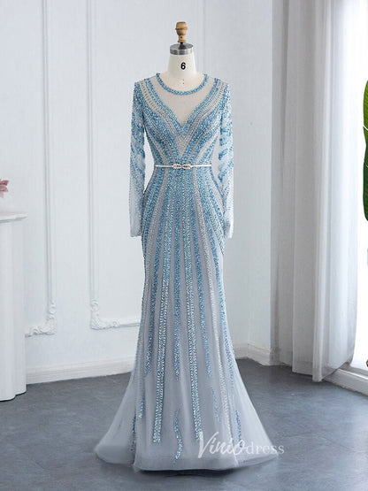 Dusty Blue Beaded Prom Dresses Long Sleeve Mermaid Evening Dress 20097-Evening Dresses 2025 -Viniodress-Dusty Blue-US 2-