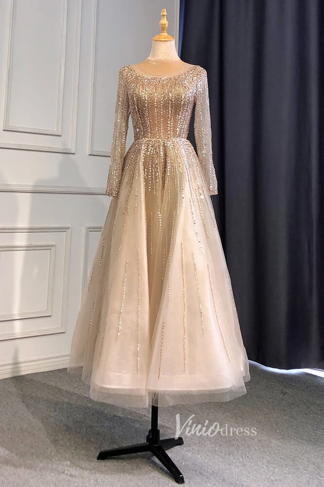 Dusty Blue Beaded Tea Length Evening Dresses Long Sleeve Prom Dress FD3011-Evening Dresses 2025 -Viniodress-Champagne-US 2-