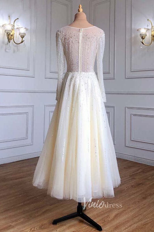 Dusty Blue Beaded Tea Length Evening Dresses Long Sleeve Prom Dress FD3011-Evening Dresses 2025 -Viniodress-Dusty Blue-US 2-