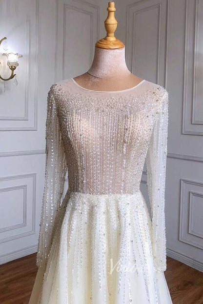 Dusty Blue Beaded Tea Length Evening Dresses Long Sleeve Prom Dress FD3011-Evening Dresses 2025 -Viniodress-Dusty Blue-US 2-
