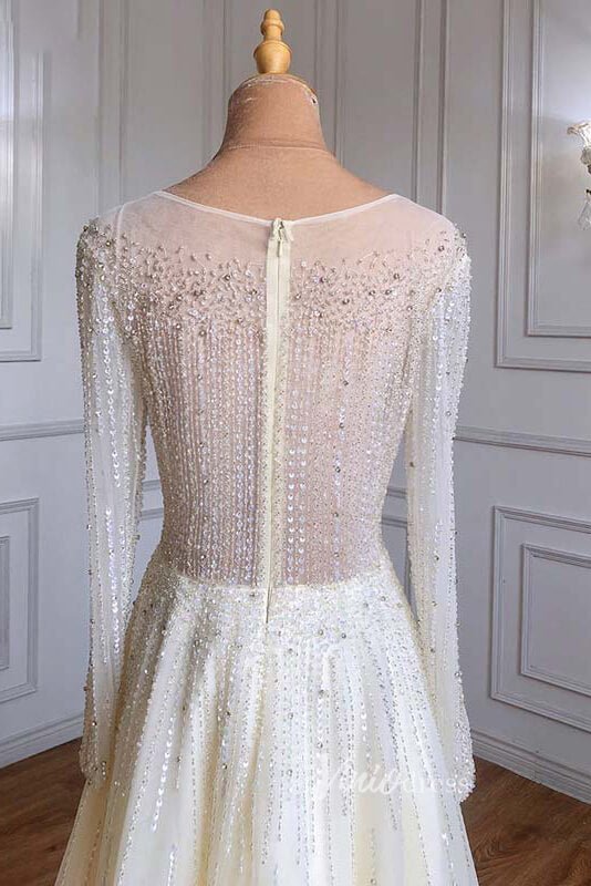 Dusty Blue Beaded Tea Length Evening Dresses Long Sleeve Prom Dress FD3011-Evening Dresses 2025 -Viniodress-Dusty Blue-US 2-