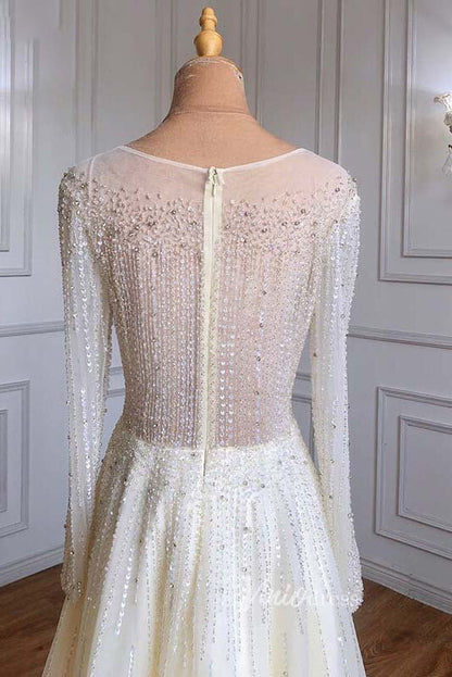 Dusty Blue Beaded Tea Length Evening Dresses Long Sleeve Prom Dress FD3011-Evening Dresses 2025 -Viniodress-Dusty Blue-US 2-