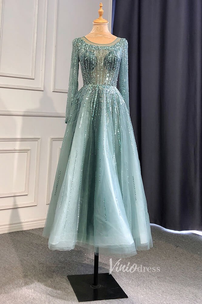 Dusty Blue Beaded Tea Length Evening Dresses Long Sleeve Prom Dress FD3011-Evening Dresses 2025 -Viniodress-Dusty Blue-US 2-
