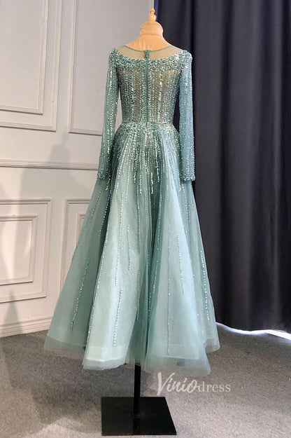 Dusty Blue Beaded Tea Length Evening Dresses Long Sleeve Prom Dress FD3011-Evening Dresses 2025 -Viniodress-Dusty Blue-US 2-