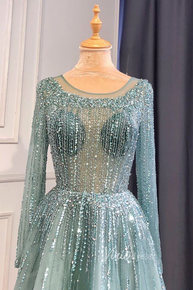 Dusty Blue Beaded Tea Length Evening Dresses Long Sleeve Prom Dress FD3011-Evening Dresses 2025 -Viniodress-Dusty Blue-US 2-