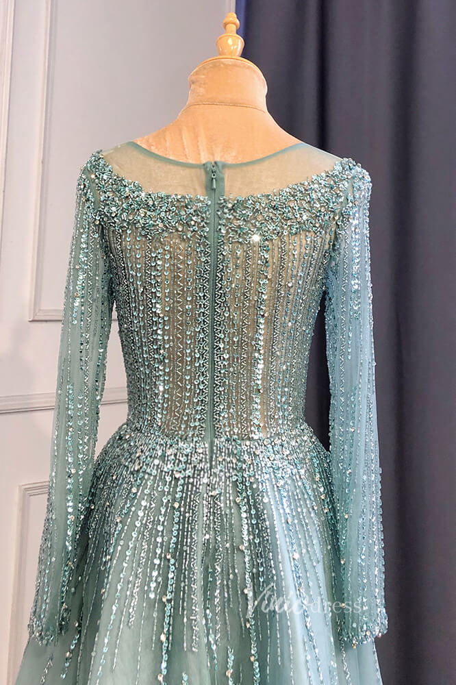 Dusty Blue Beaded Tea Length Evening Dresses Long Sleeve Prom Dress FD3011-Evening Dresses 2025 -Viniodress-Dusty Blue-US 2-