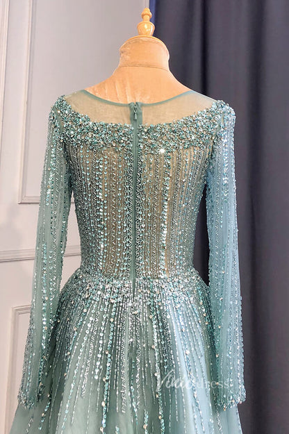 Dusty Blue Beaded Tea Length Evening Dresses Long Sleeve Prom Dress FD3011-Evening Dresses 2025 -Viniodress-Dusty Blue-US 2-