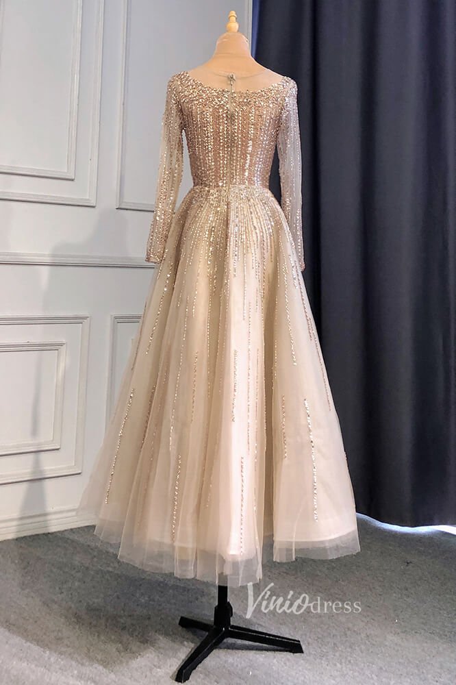 Dusty Blue Beaded Tea Length Evening Dresses Long Sleeve Prom Dress FD3011-Evening Dresses 2025 -Viniodress-Dusty Blue-US 2-
