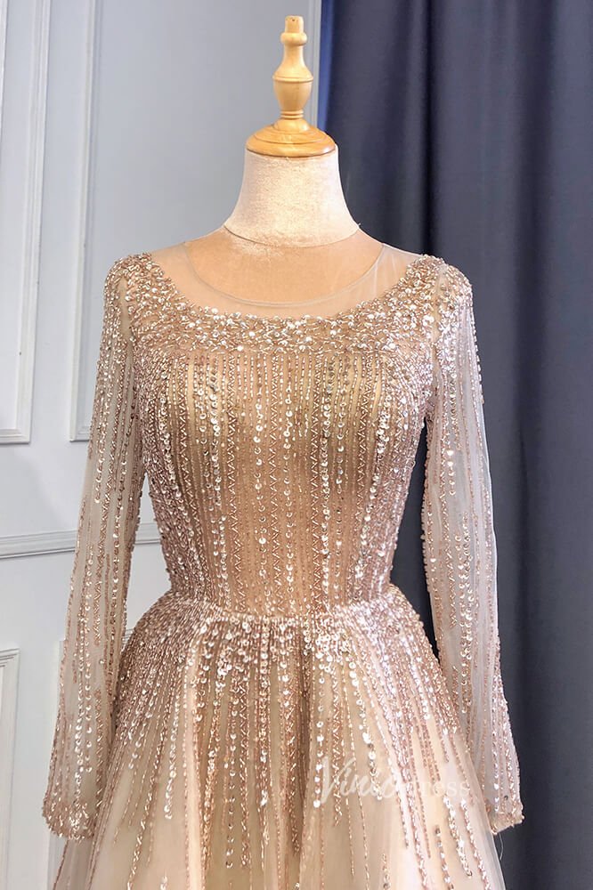 Dusty Blue Beaded Tea Length Evening Dresses Long Sleeve Prom Dress FD3011-Evening Dresses 2025 -Viniodress-Dusty Blue-US 2-