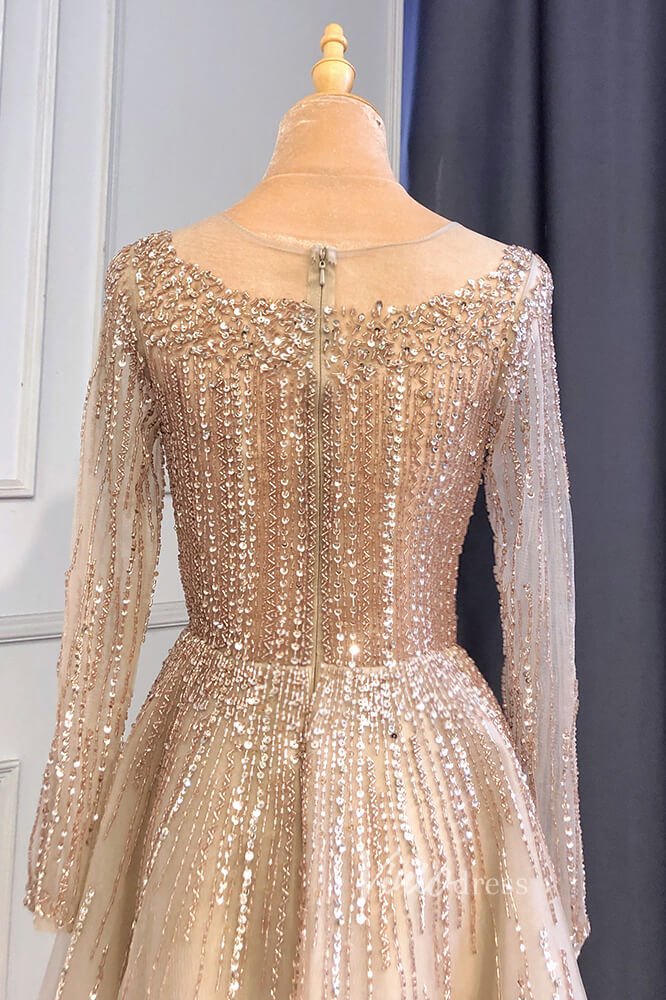 Dusty Blue Beaded Tea Length Evening Dresses Long Sleeve Prom Dress FD3011-Evening Dresses 2025 -Viniodress-Dusty Blue-US 2-
