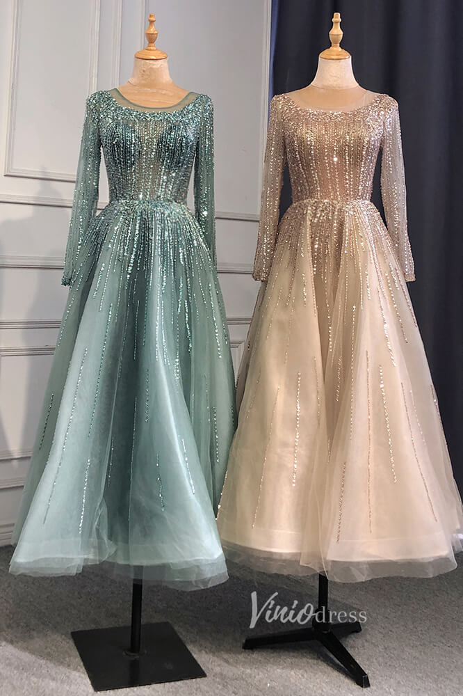 Dusty Blue Beaded Tea Length Evening Dresses Long Sleeve Prom Dress FD3011-Evening Dresses 2025 -Viniodress-Dusty Blue-US 2-